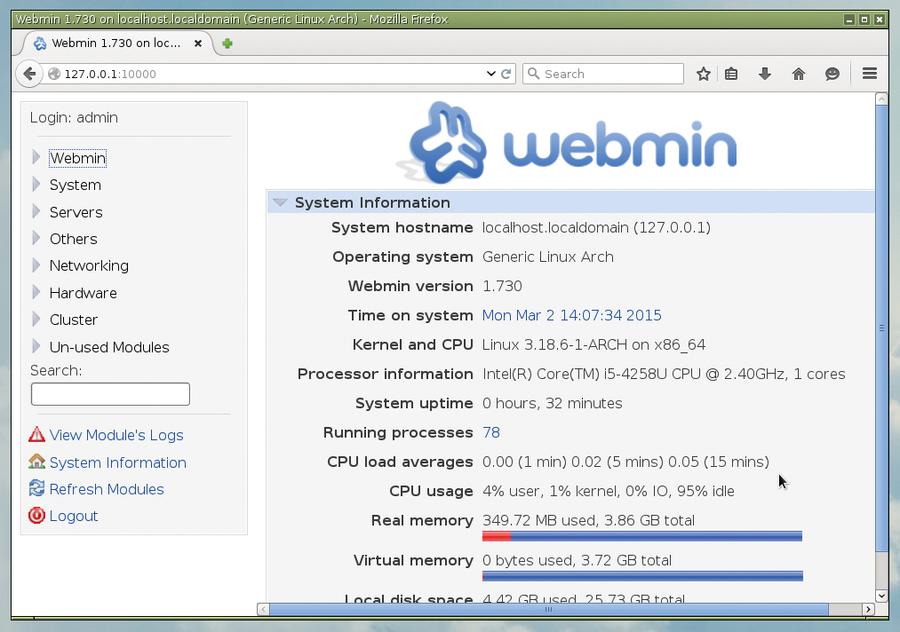 Главная страница Webmin