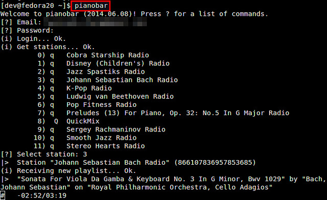 запуск pianobar