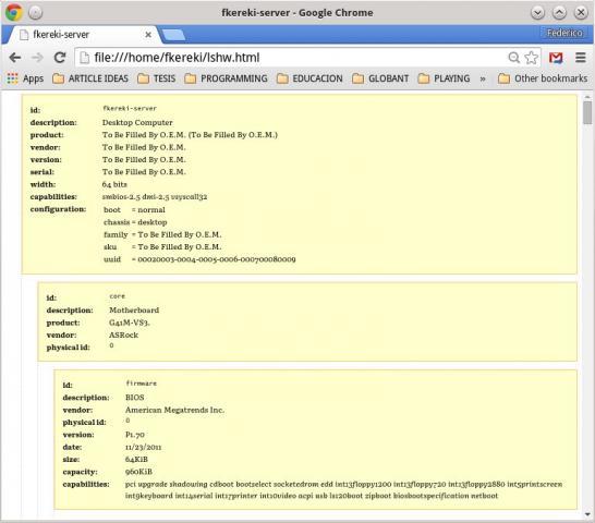 Утилита lshw может генерировать документы формата HTML или XML с информацией об аппаратном обеспечении; на рисунке показан документ первого формата, открытый с помощью веб-браузера