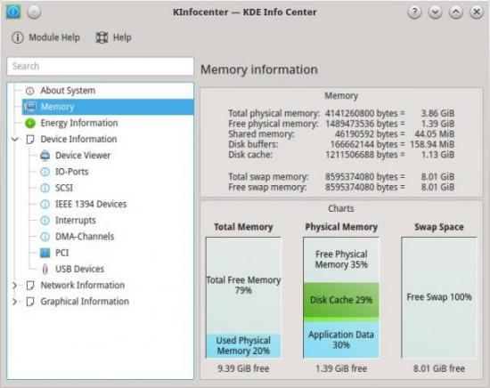 Утилита kinfocenter из состава окружения рабочего стола KDE выводит информацию не только об аппаратном обеспечении, но и о множестве параметров системы